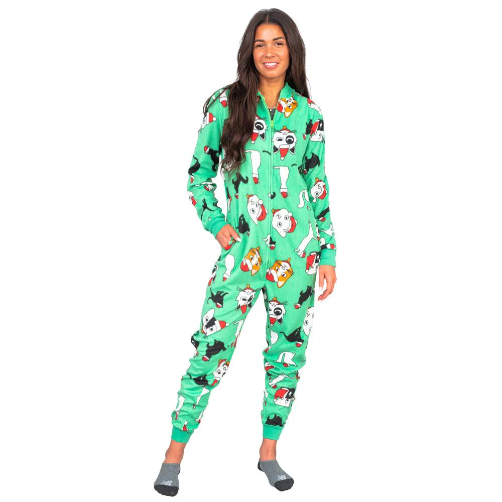 Christmas Cat Pajamas Cozy Fair Isle Union Suit Adult Green Jumpsuit - Image 2