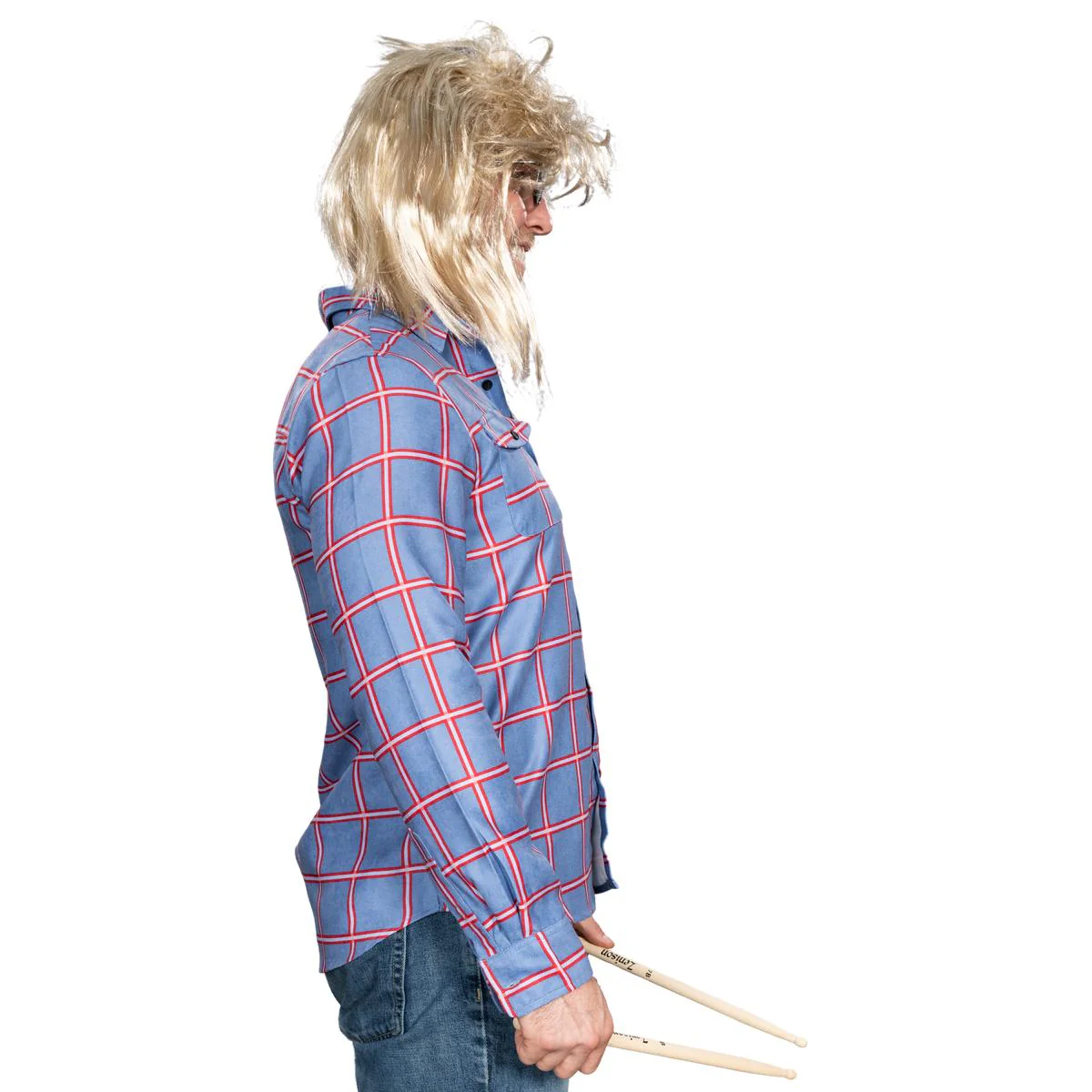 Garth Funny Tv Show Character Cosplay Button Down Flannel Shirt Wig and Drumstick Halloween Costume Set - Image 2