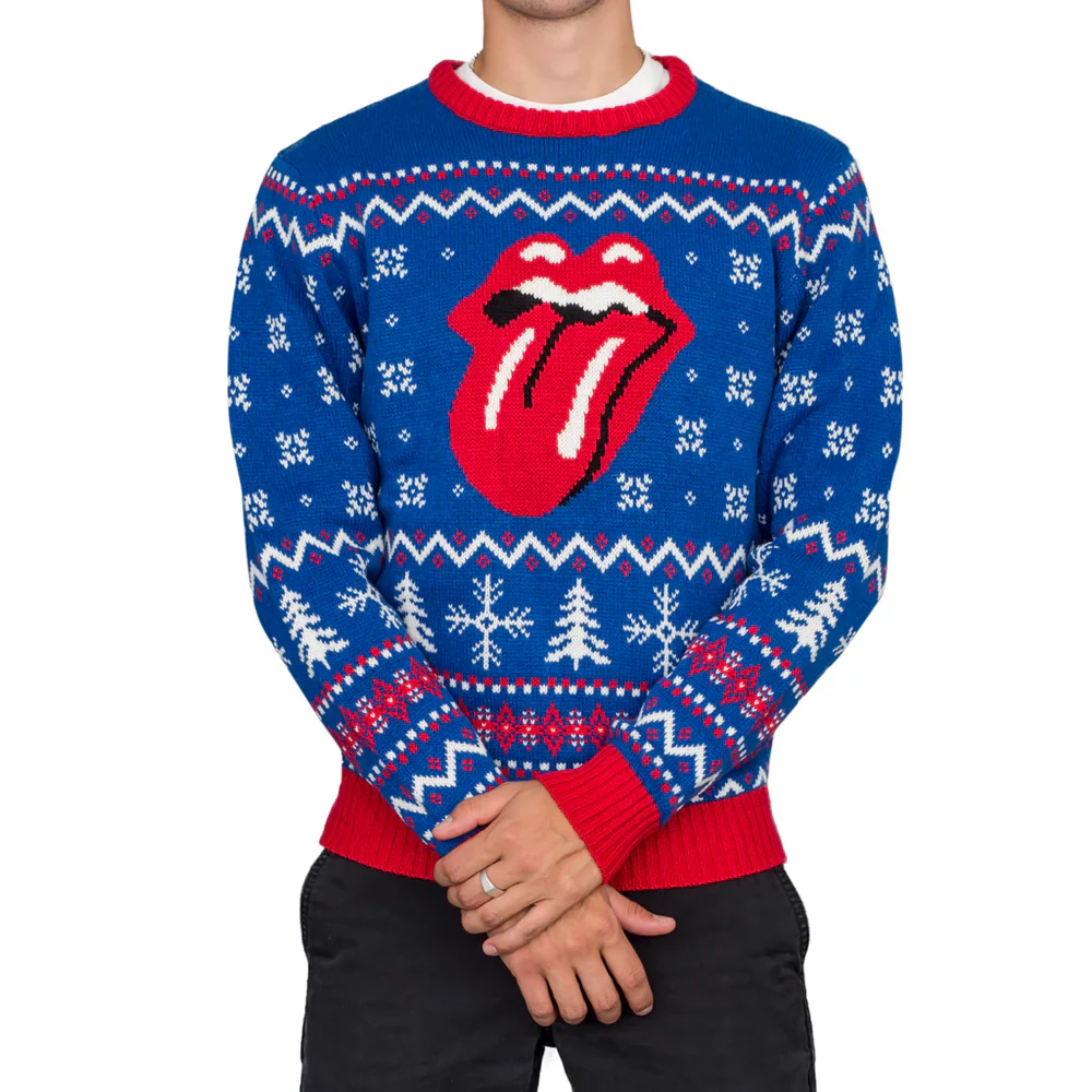 Rolling Stones Lips Logo Adult Unisex Blue Ugly Christmas Sweater - Image 2