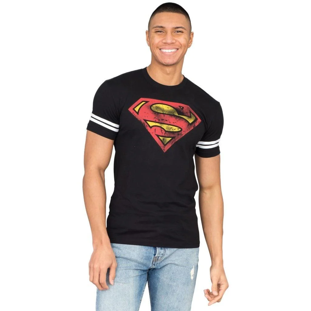 Superman Distressed Logo With Striped Sleeves T-shirt - Image 2